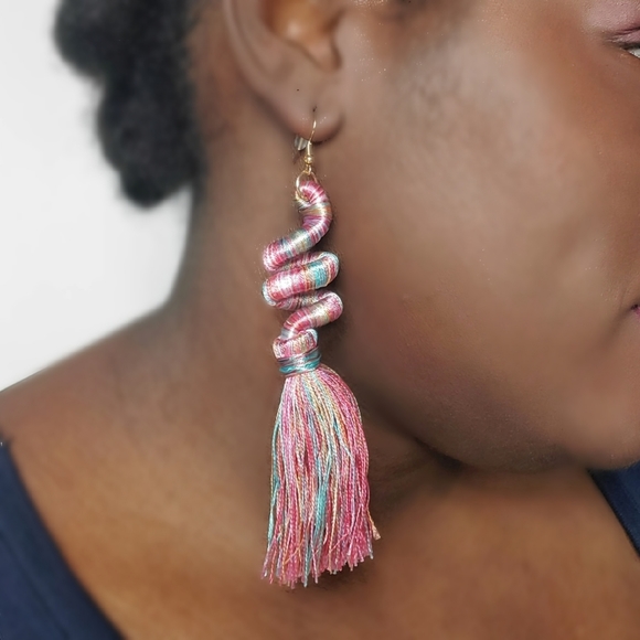 Pink - Twist & Fringe Multicolor Thread Earrings - Picture 1 of 3
